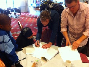 Nick Falk and Tony Flowers making our personalised 'Saurus Street' illustrations!